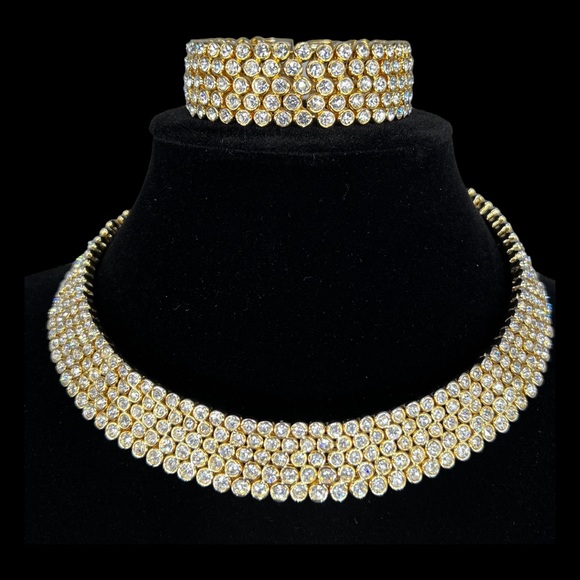 Gold Tone Rhinestone Collar Choker Cuff Necklace and Matching Cuff Bracelet - Picture 2 of 6